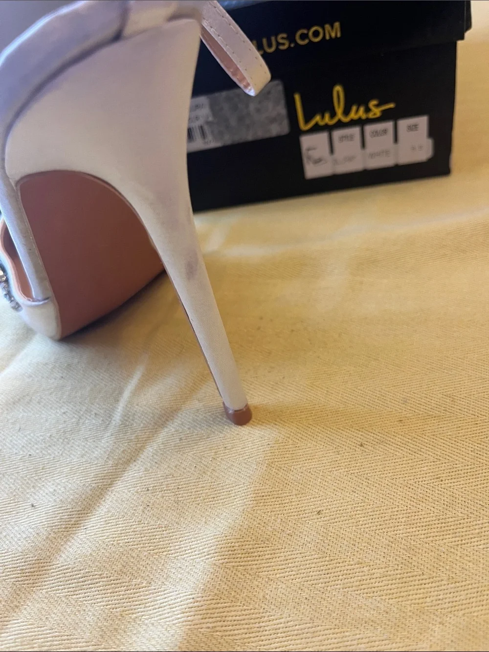 Lulu's Satin White Pointed-Toe Jeweled Slingback Heels
